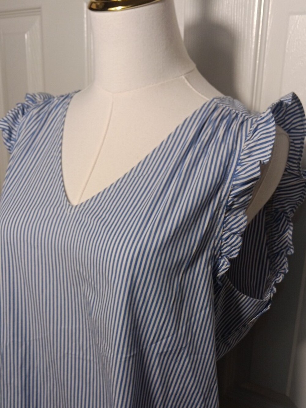 J. Crew Blue and White Pinstripe V-Neck Ruffle-Sleeve Top Size Medium - Picture 4 of 12